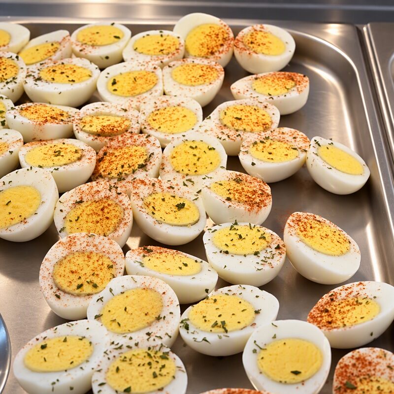 Halved eggs with paprika and herbs