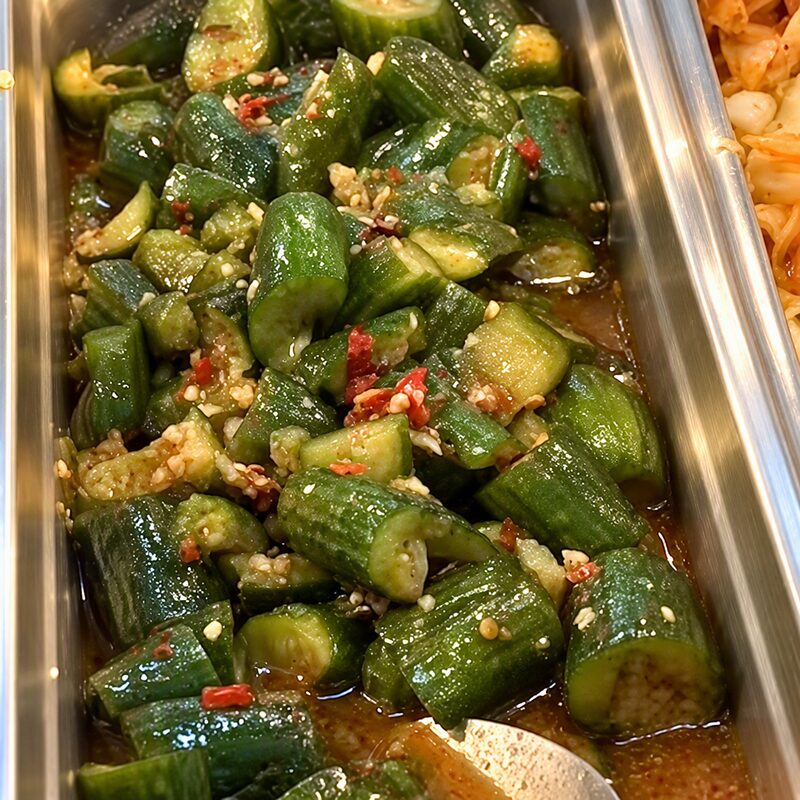 Chilled green vegetables in chili and garlic dressing